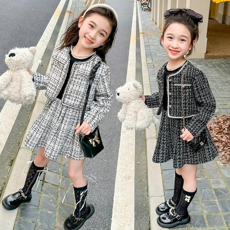 Girls Jacket Short Skirt Set Spring Autumn Children's Long Sleeve Two Piece Clothes