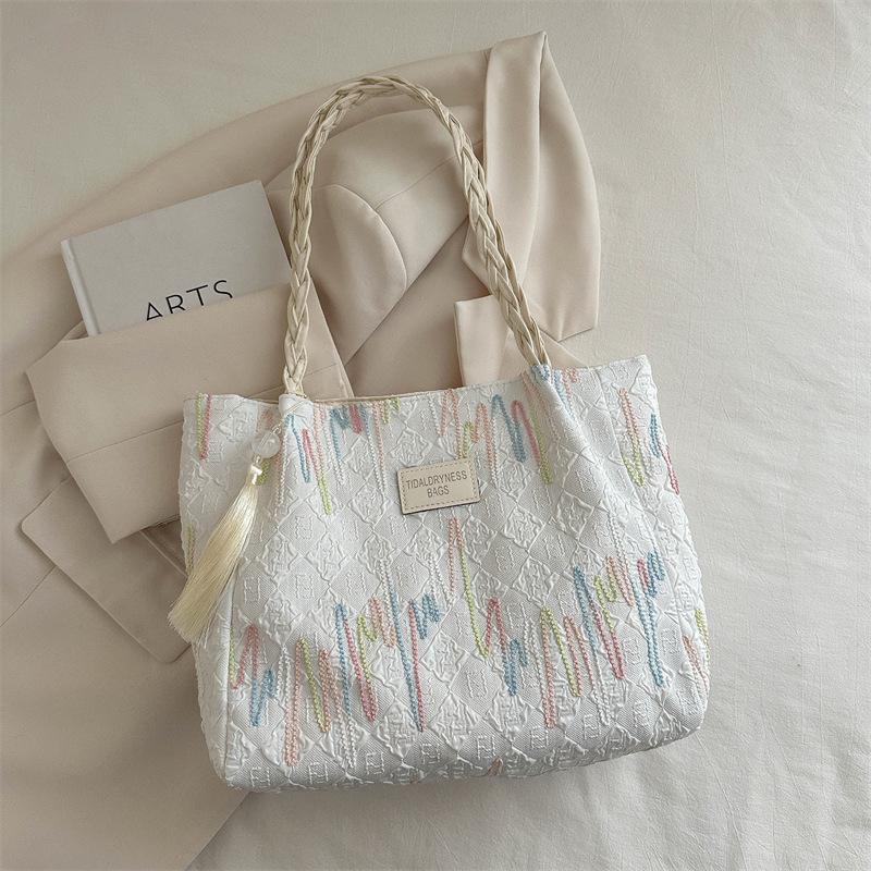 

Классная простая и модная сумка большой вместимости женская 2025 новая повседневная полосатая на плечо сумка-тоут для студентки белый