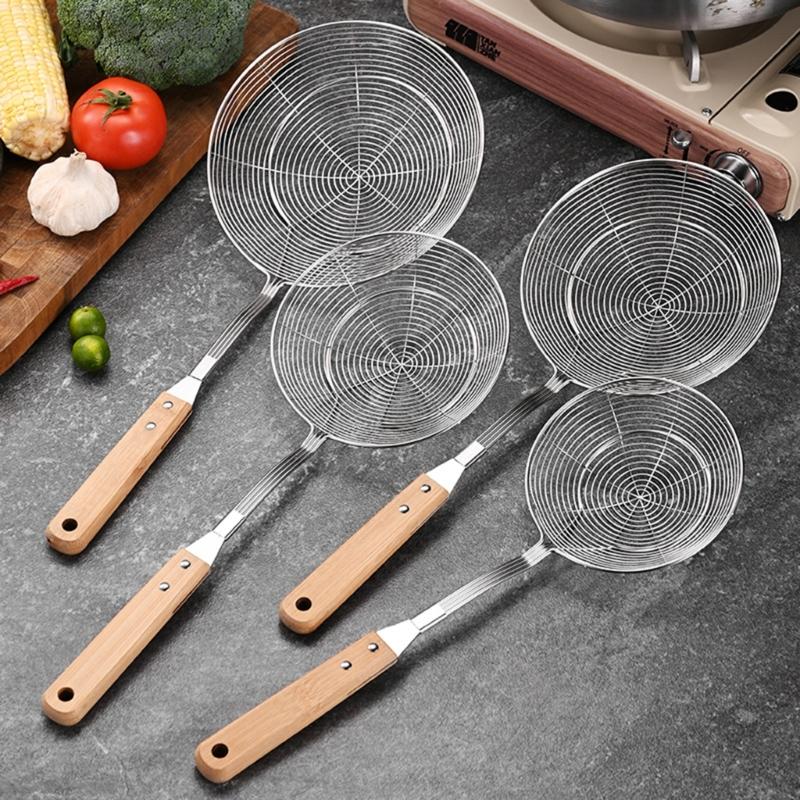 Stainless Steel Cooking Strainer with Wood Handle Heat Resistant Skimmer Ladle Cooking Utensils Home Deep Fry Ladle