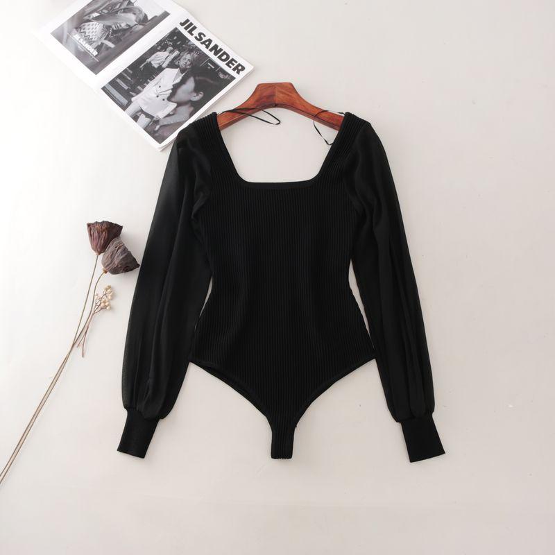 

Foreign Trade Original Order Square Collar Pure Desire Chiffon Long sleeve One-Piece Briefs Autumn and Winter Inner wear Sexy Slim fit Knitted Top