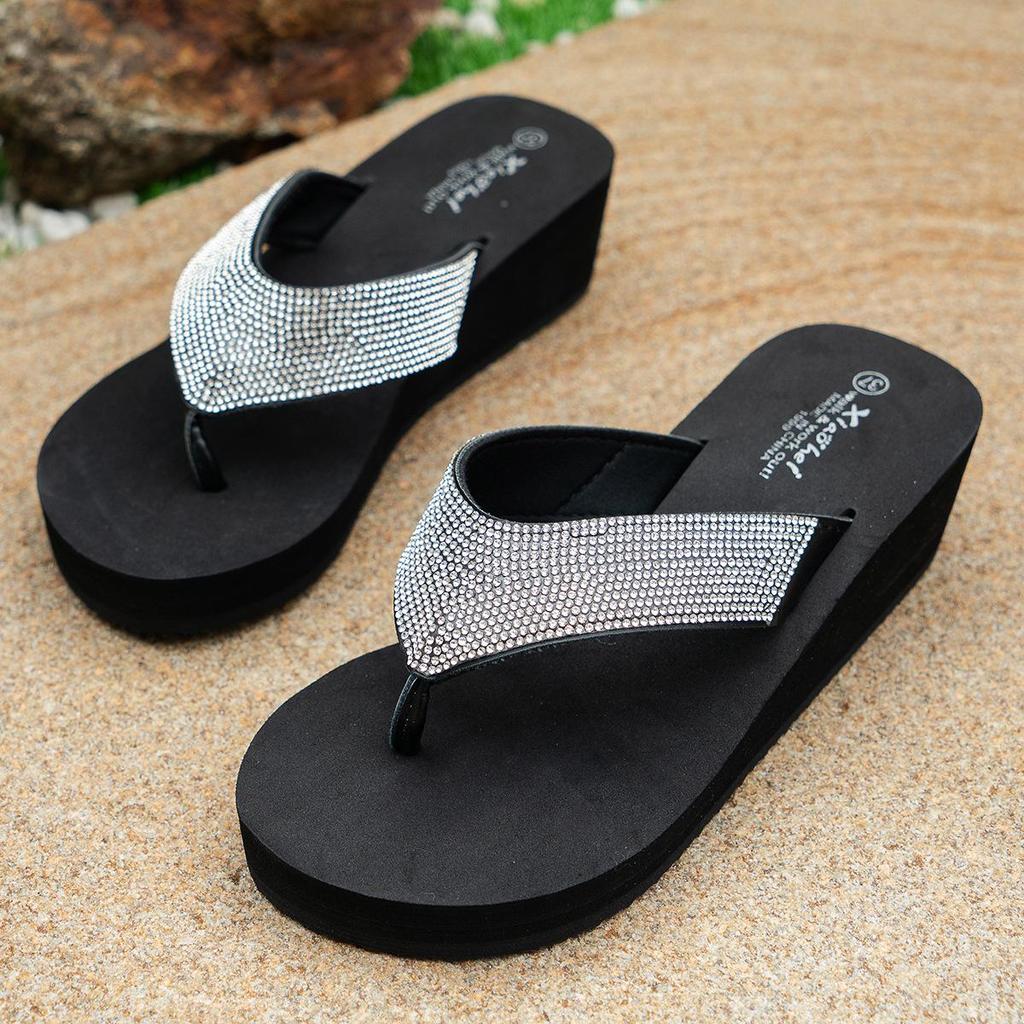 Women's Rhinestone Slide Sandals - Fashionable Summer Wedge Flip-Flops for Outdoor and Beach Wear