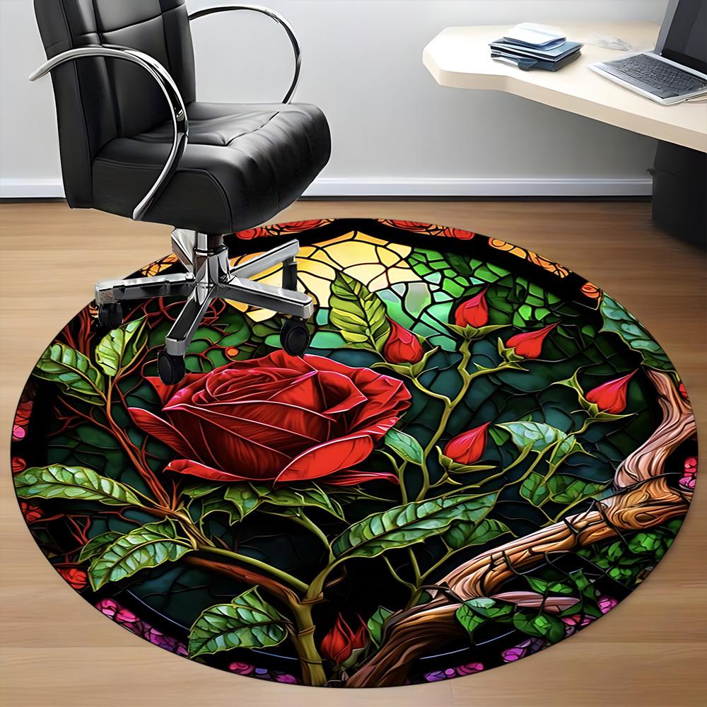 1pc Stained Glass Rose Chair Carpet for Office Non-Slip, Machine Washable Rug for Office - Holiday DecorMachine Made yy251029113