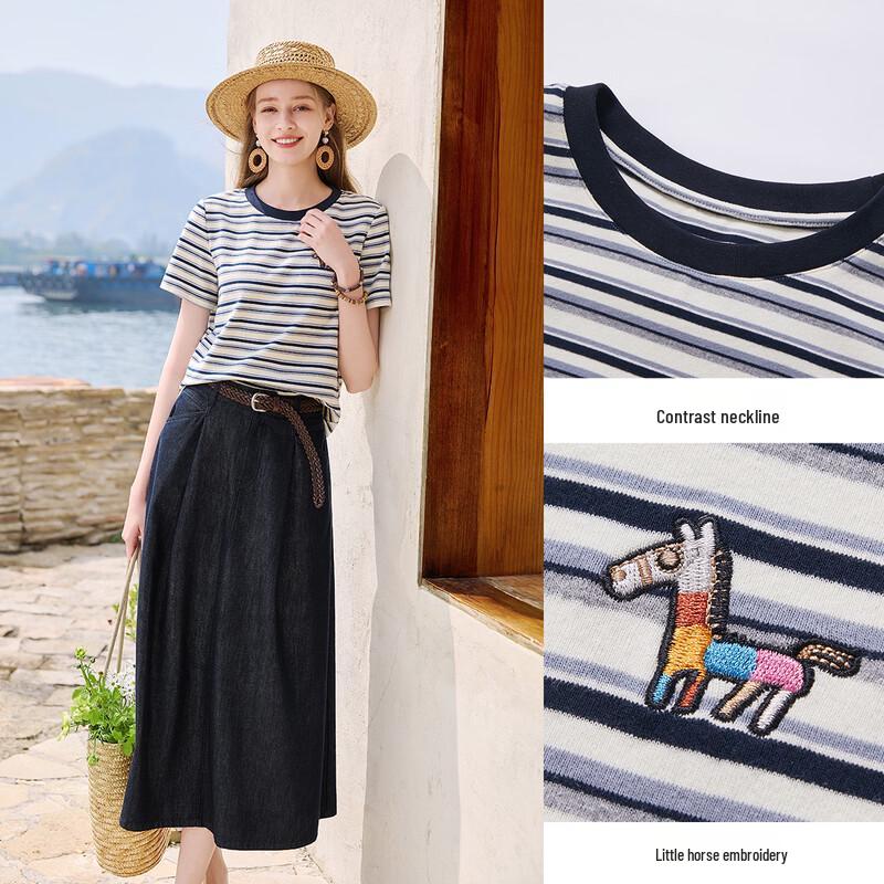 Xiangying Women's Striped Embroidered Round Neck T-Shirt
