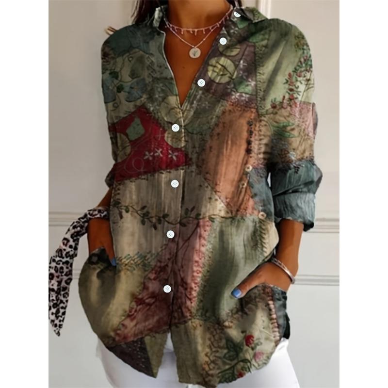 Autumn Women's Casual Long Sleeve Shirt Beautiful Flower Print Travel Lapel T Shirt Elegant Single Breasted Tops Long Shirt