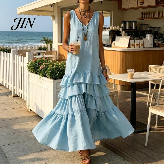 Casual Dress Women Women's Sleeveless Summer Long Tank Dress, V Neck Tiered Flowy Layered Skirt Ruffle Maxi Loose Beach Sundress Breathable
