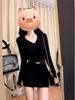 Autumn-Winter V-Neck Pleated Slim Fit Dress - Figure-Hugging Long Sleeve Mini Skirt