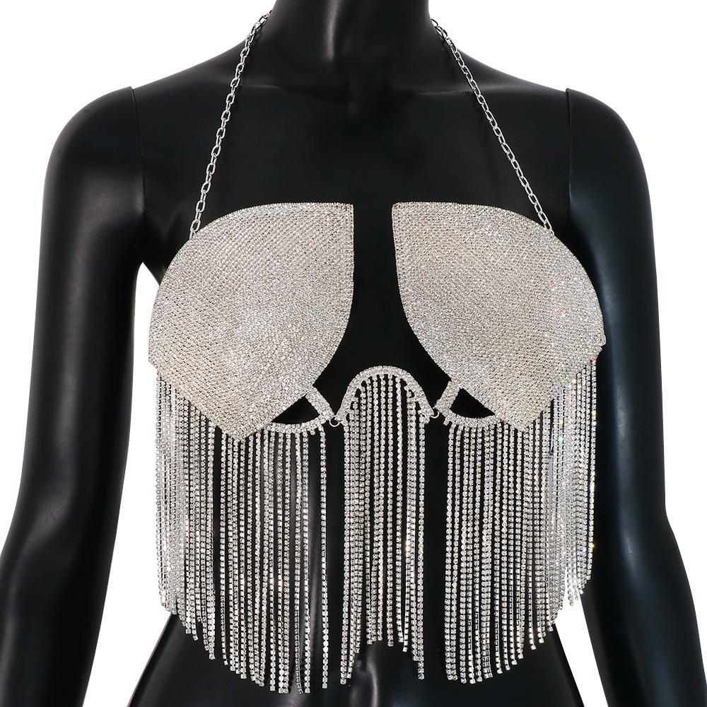 Sexy Bling Rhinestone Halter Mesh Bra Top for Women Fashion Shiny Tassel Bra Chain Bikini Jewelry Underwear