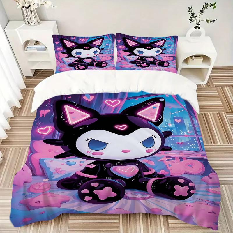 3pcs Night Adventure Kuromi Quilt Cover Set - Soft & Comfortable Polyester Fabric, All-Season Breathable Comforter Set For 1 Quilt Cover & 2 Pill
