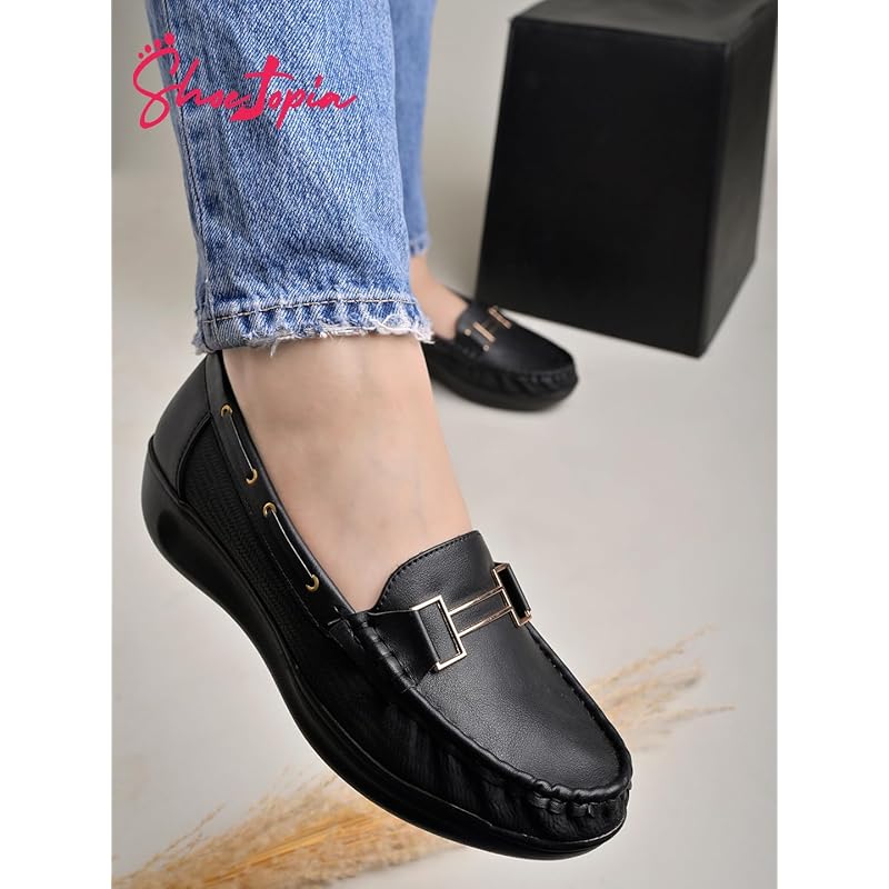 Shoetopia Upper Buckle Detailed Black Loafers For Girls & Gilrs-Eu39 6 UK бронзовый