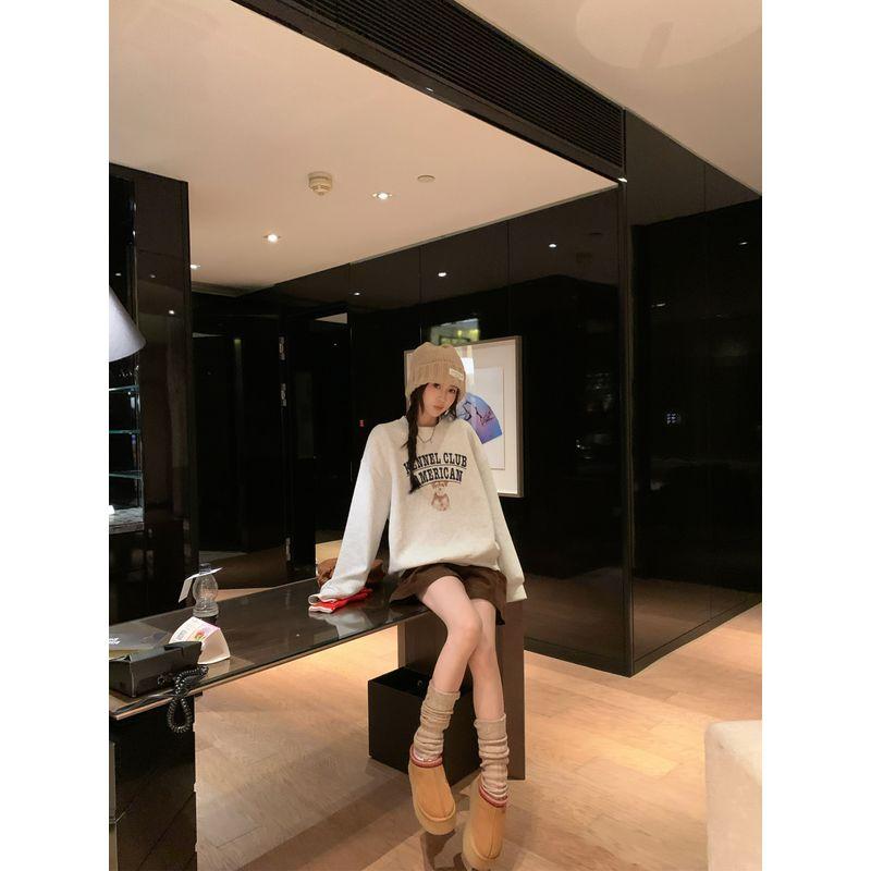 Kumikumi Idle Style Letters Print round Neck Long Sleeves Sweatshirt Female Autumn Leisure Loose All-Match Gray Tops