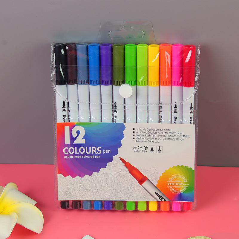 12 Colors Drawing Watercolor Art Markers Pen, Double Tip Brush Fineliner Colouring Painting Pens Set, Art Stationery Supplies