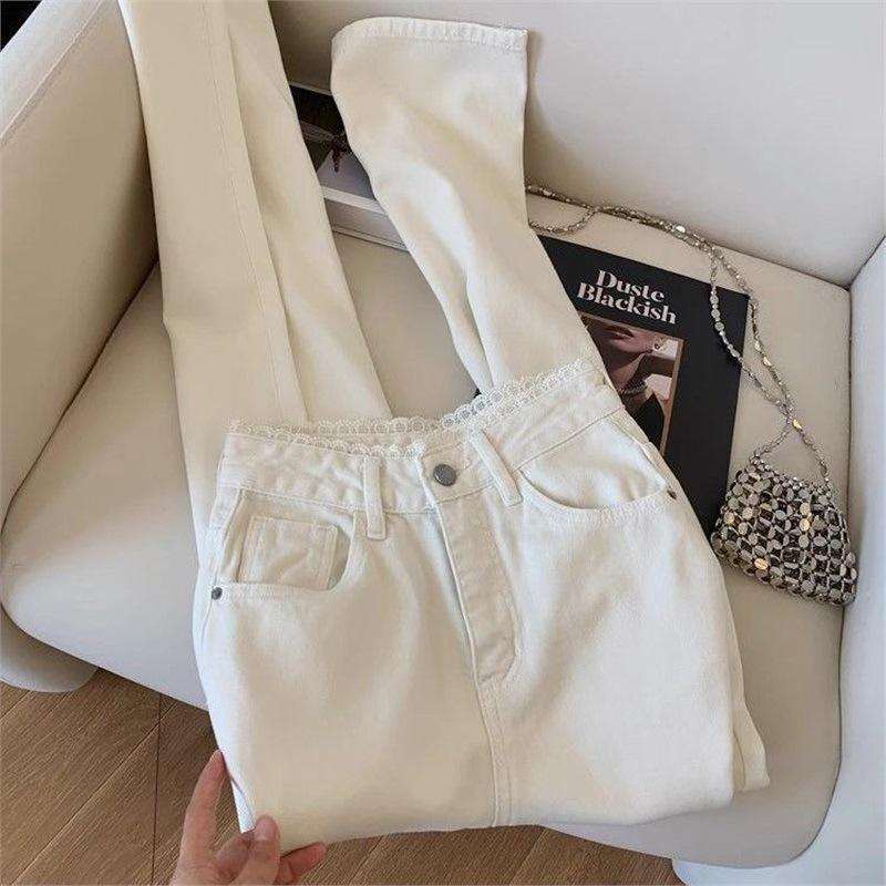 White Lace High-Waisted Wide-Leg Slimming Cigarette Pants - Women s Summer 2025 XS