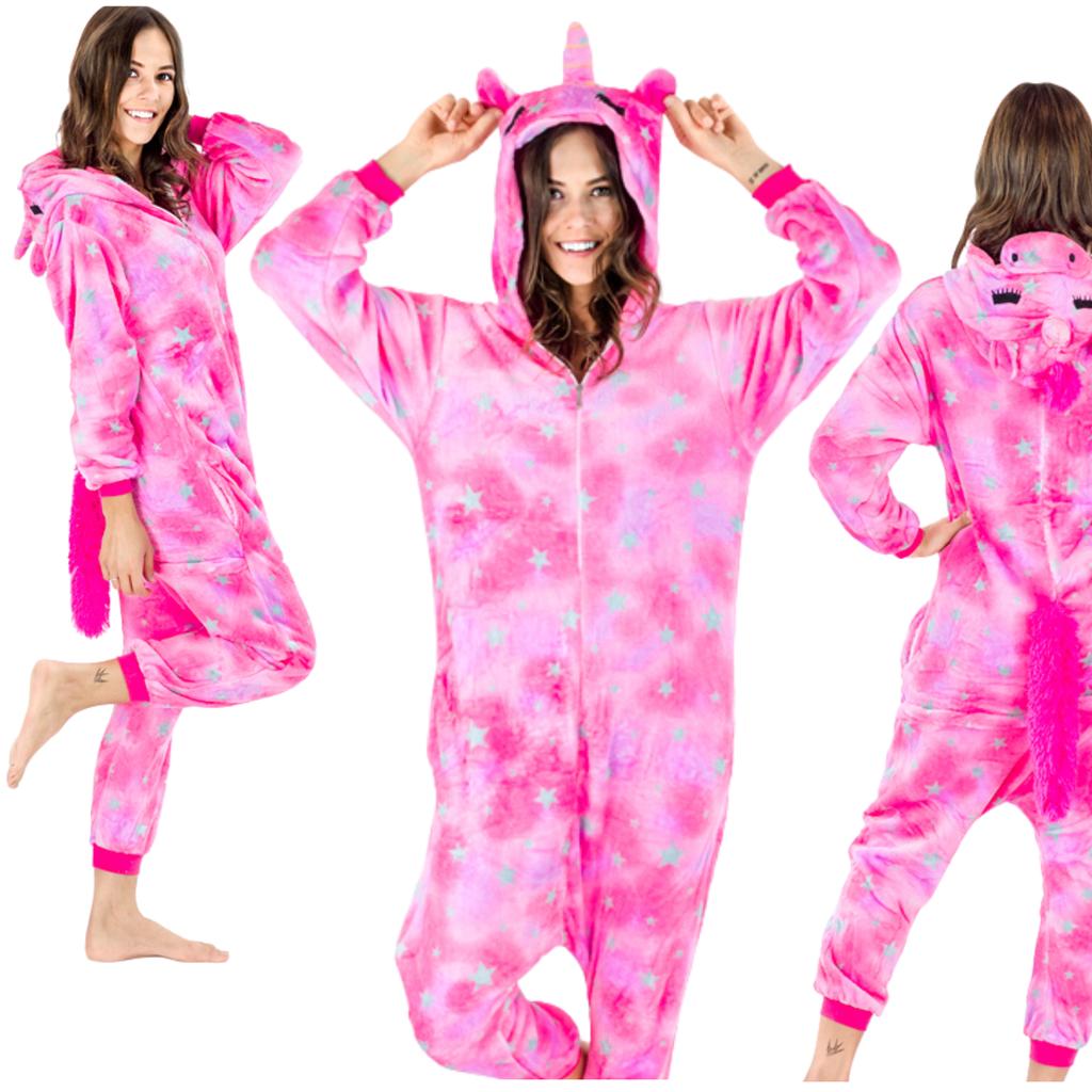 Teplý overalový kostým pro ženy, muže, pegase, kigurumi, růžová tepláková souprava, velikost L