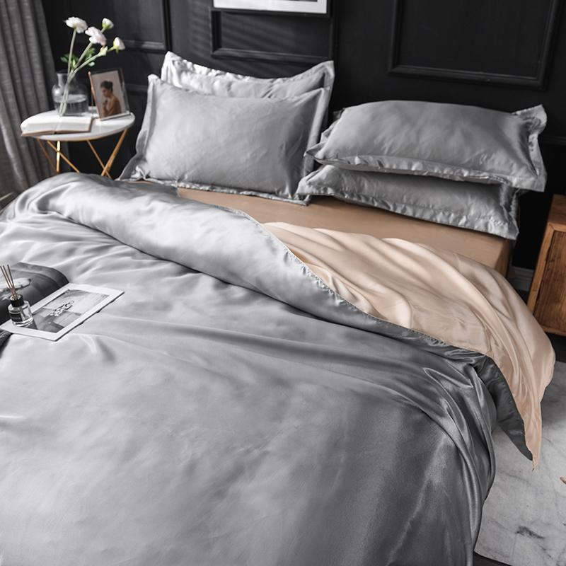 Solid Silk Bedding Set with Bed Sheet Duvet Cover Pillowcase Satin Single Couple Bedsheet King Queen Double Twin Size