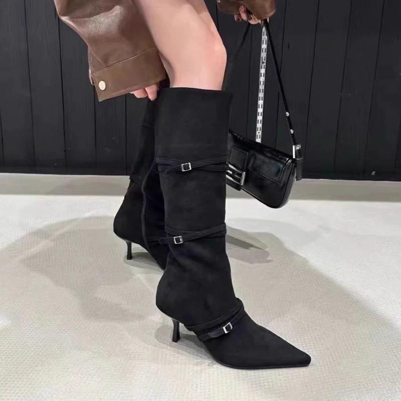Fashion Fine Boots Skinny Boots Women's Thin Straps Pointed Suede Thin Heels High Boots But Knee High Heels Boots Women