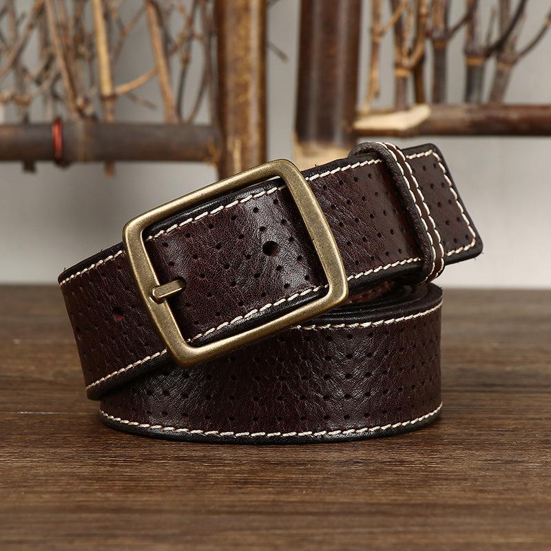 Belt Men's Retro Casual Cool Trendy All-Matching Hollow First Layer Cowhide Pin Buckle Genuine Leather Jeans Belt Men's