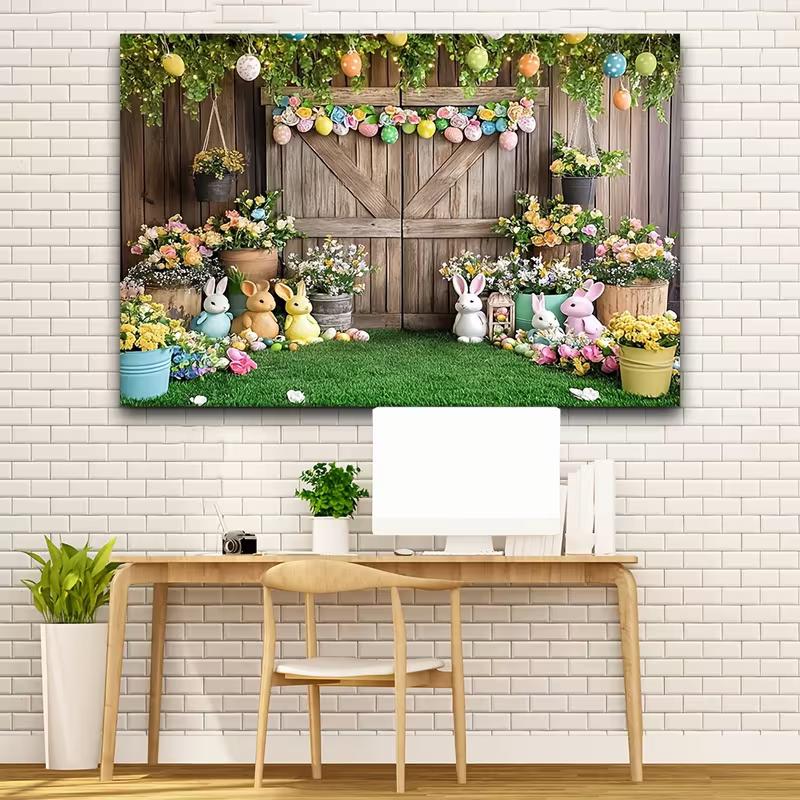 2D Rustic Easter Backdrop - Cute Bunny Photography Background for Party