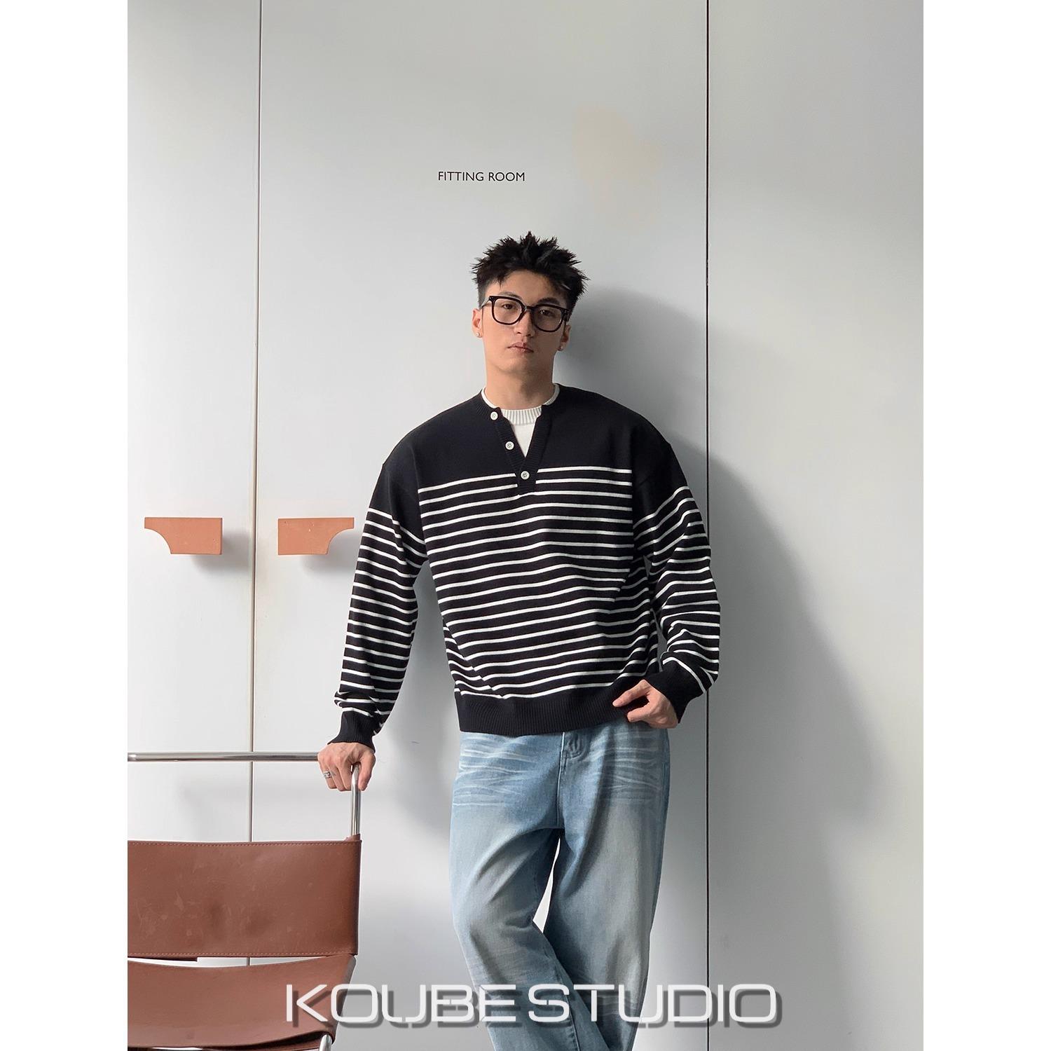 Men s Fashionable Henley Collar Striped Knit Pullover Sweater - Spring/Autumn Casual Layer XXL чёрный