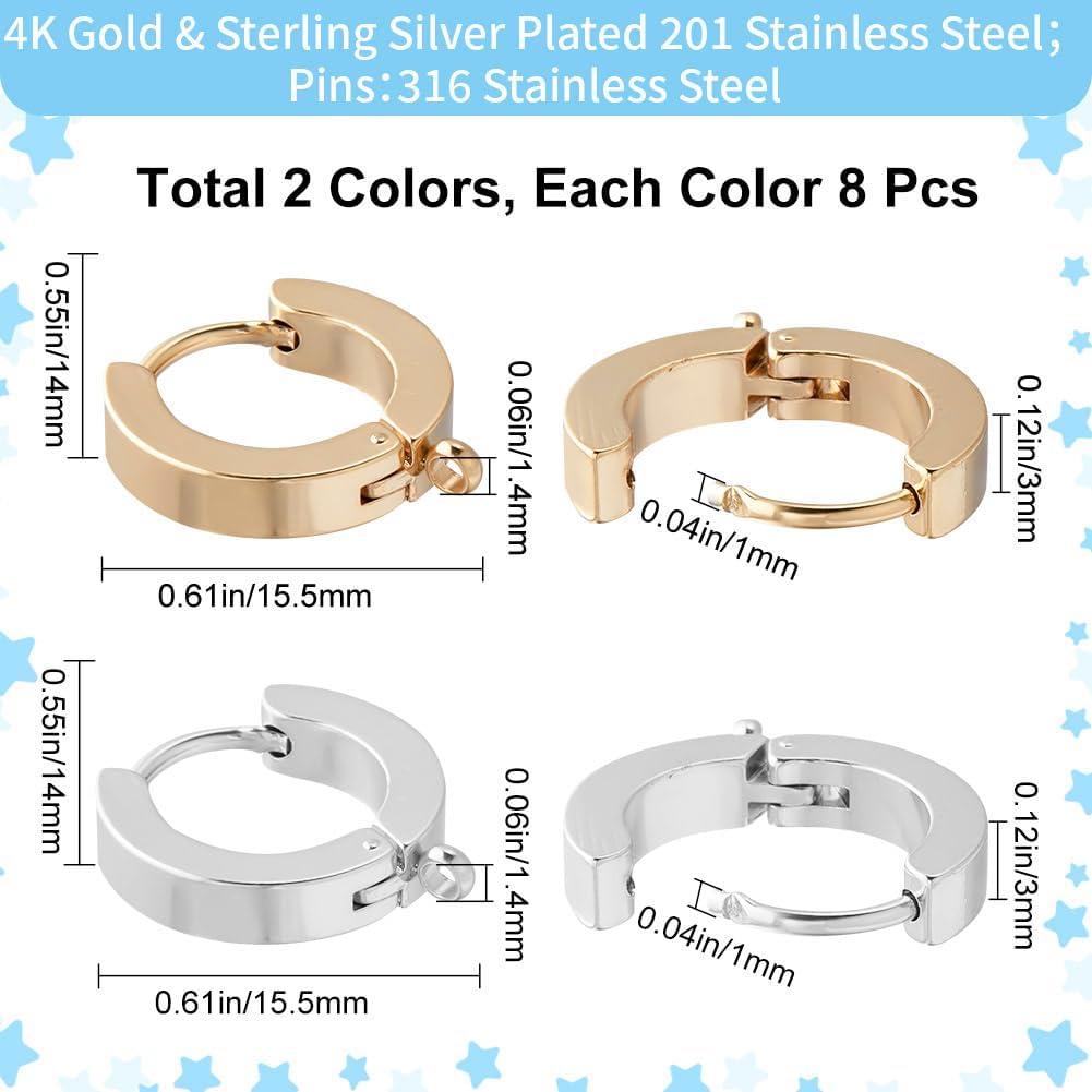 Beebeecraft 1 Box 16Pcs Round Leverback Hooks 24K Gold & 925 Sterling Silver Plated Stainless Steel Huggie Hoop Earrings Findings French Ear Wire