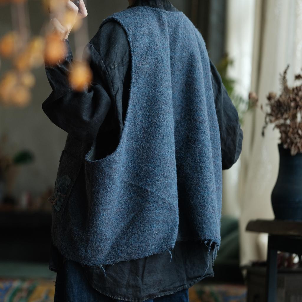 Johnature Dámské vintage bezrukávové kabáty Šedé patchworkové kapsy Knoflík Jaro O-výstřih Čínský styl Dámské kabáty