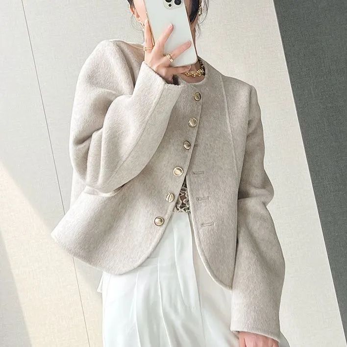 Women Wool Coat Single Breasted Round Neck Design Fashion Winter Trench Jacket