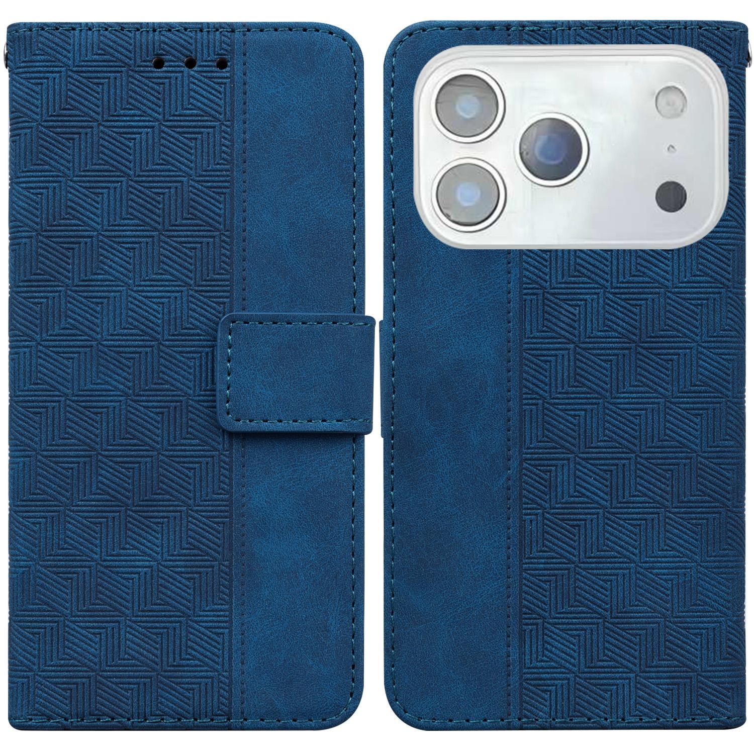 

For iPhone 17 Pro Case Geometry Pattern Leather Wallet Phone Cover with Wrist Strap Blue