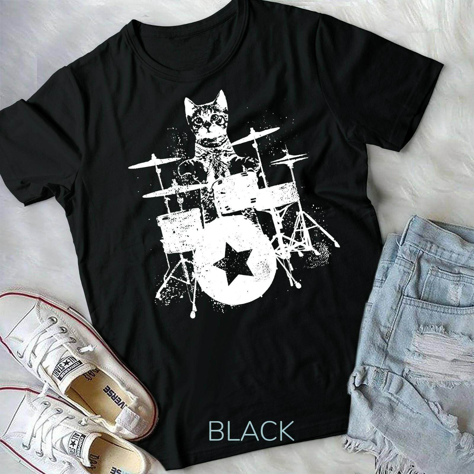 Punk Rockstar Kitten Kitty Cat Drummer Playing Drums Graphic Unisex Form T-shirt XXXL