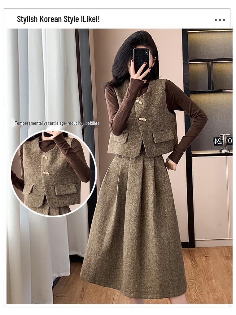 Modă Coreeană Retro Vestă & Fustă Midi Set Slimming Trei Piese pentru Femei