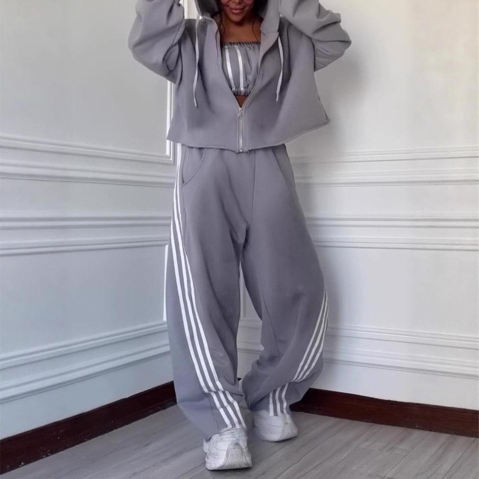 2025 Cross-border European and American Women's Clothing Amazon Sports Long-sleeved Hooded Zipper Casual Pants Commuter Fashion Suit