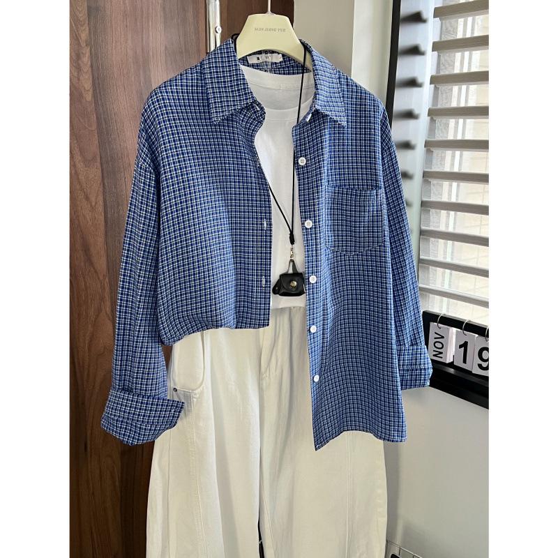 Man Jiang Yue Women's Korean Style Blue Plaid Long Sleeve Polo Shirt Cardigan