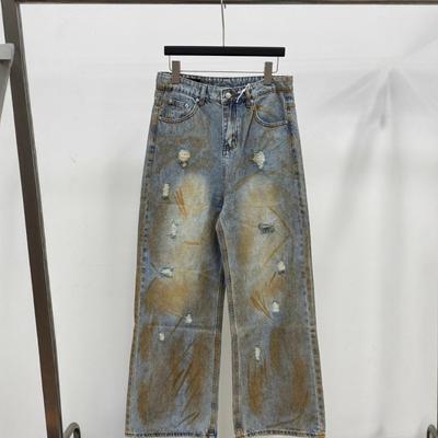 Used Ripped Weite Beine Jeans Männer Frauen Vintage Gewaschen Lockerer Schnitt Gerade geschnittene Freizeithosen