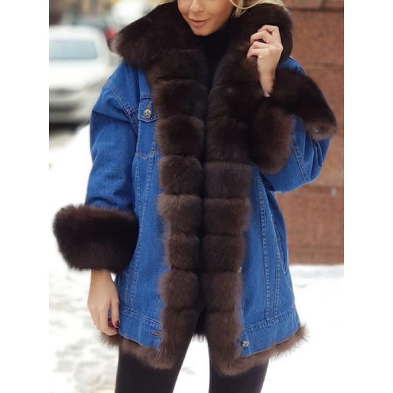 Womens Faux Fur Lined Denim Long