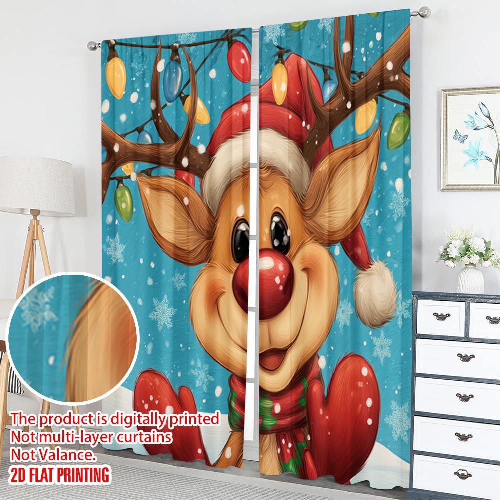 2pcs 2D flat printing Merry Christmas Curtains Cute cartoon reindeer Christmas greeting Digital Printed Polyester Drapes Festive