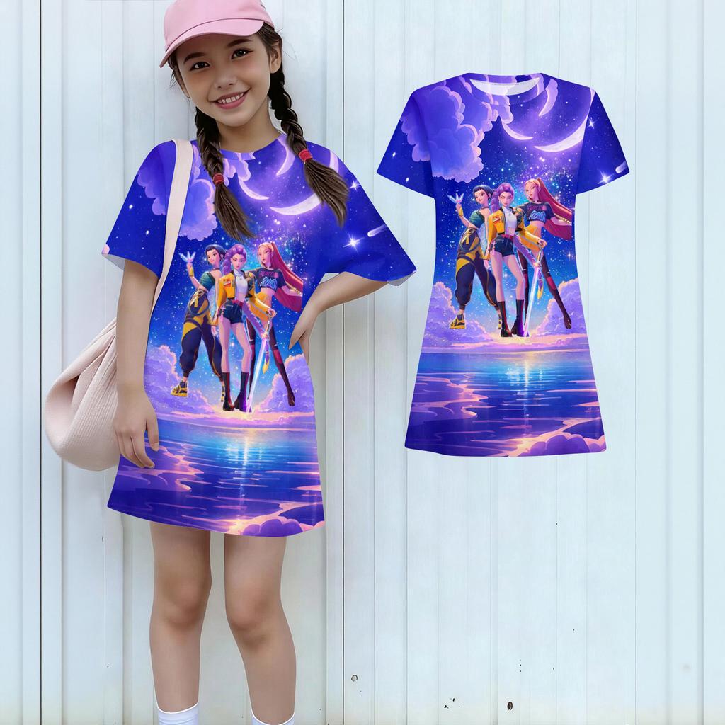 Girls Print Casual Dress Kids Loose Round Neck Short Sleeve Thin Sundress