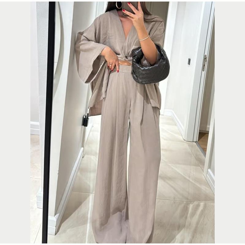 Causal Oversized Solid Pant Suit Women Single Button Long Sleeve V-neck Shirt Set Summer Casual Lady Streetwear