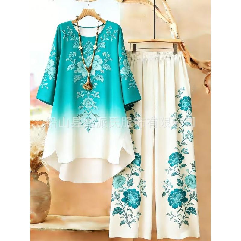 1116 European and American plus-size women's new vintage bohemian style round neck mid-sleeve set