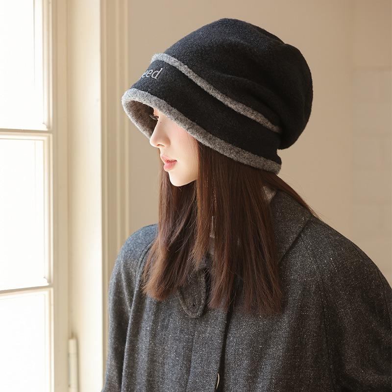 Autumn and winter hat women's big head circumference showing face small bucket hat versatile headgear outdoor warm and fleece stacking hat