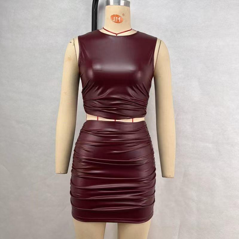 

Fashion New Arrival PU Leather Sleeveless Vest Skirt Suit PU Leather Vest Half Skirt Set Burgundy XS
