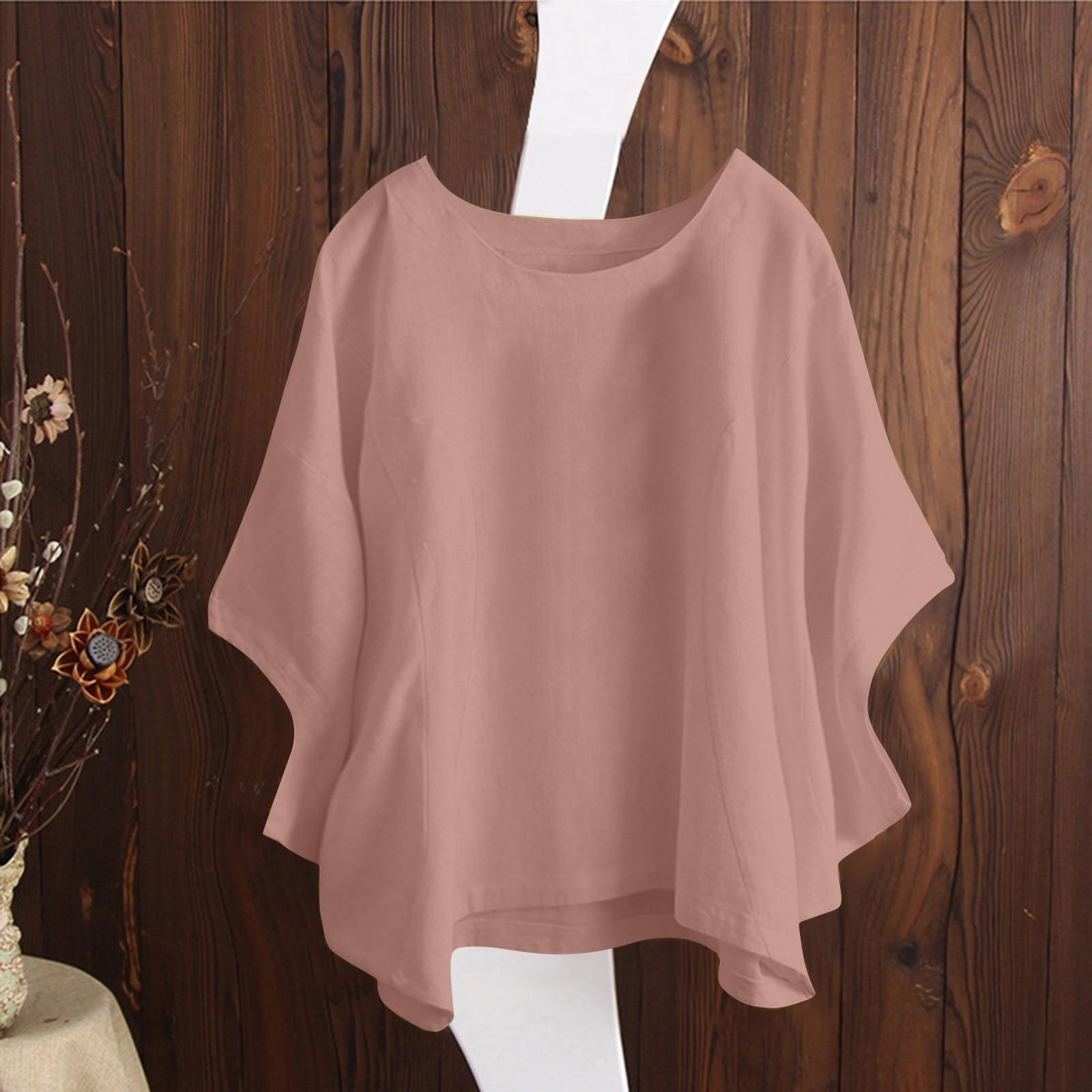 

Жіноча модна повсякденна темпераментна футболка з круглим вирізом і короткими рукавами, суцільний колір, бавовняна конопляна футболка рожевий