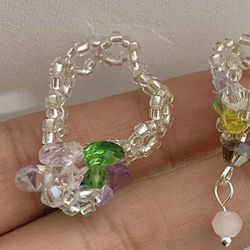 Fashionable Crystal Beaded Floral Rings Tassels Flower Rings Adjustable Finger Rings Jewelry Stylish Accessory for Women