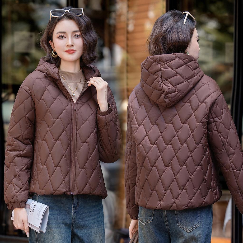 Rhombus cotton clothes short European beautiful women's coat autumn and winter new light and warm cotton-padded clothes hooded jacket women