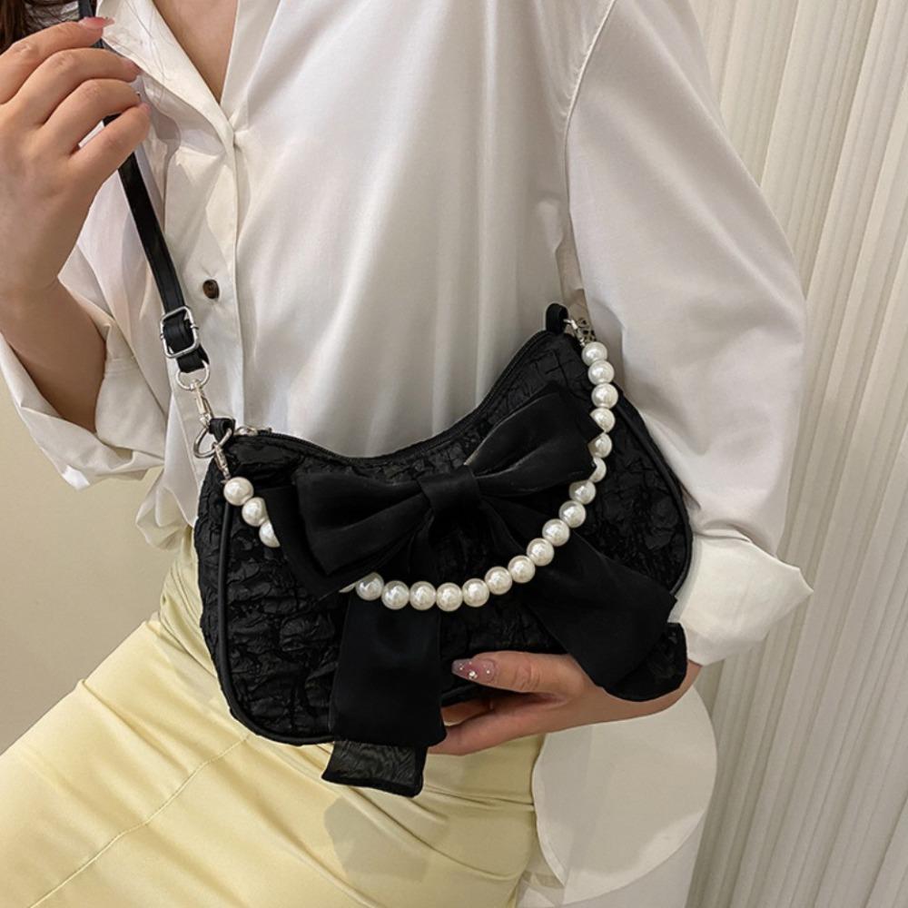 Pearl Bow Underarm Bag Canvas Small Square Bag Luxury Bow Shoulder Bag  Party