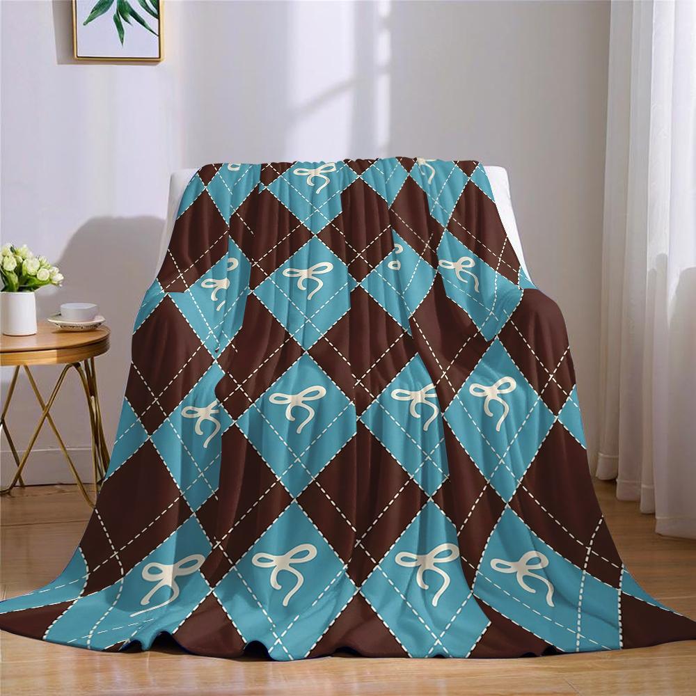 Argyle Bow Print Flannel Blanket Warm Soft Halloween Christmas Couch Warm Cozy Decorative Decor Gift for All Season
