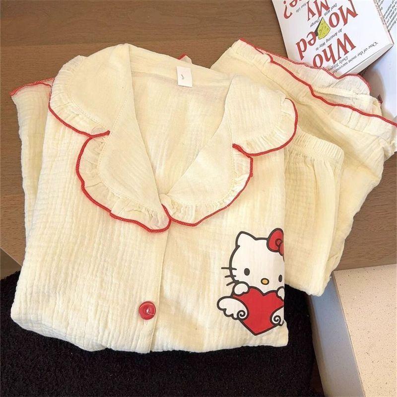 

Internet celebrity yellow Hello Kitty pajamas women s summer lace short-sleeved shorts set can be worn outside loungewear two-piece set S