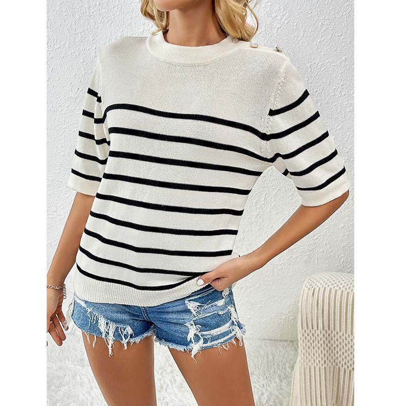 Frühling/Sommer Neue Damen-Pullover mit Knöpfen und Streifen, modisch, Rundhalsausschnitt, kurzärmelige Damen-Strickwaren