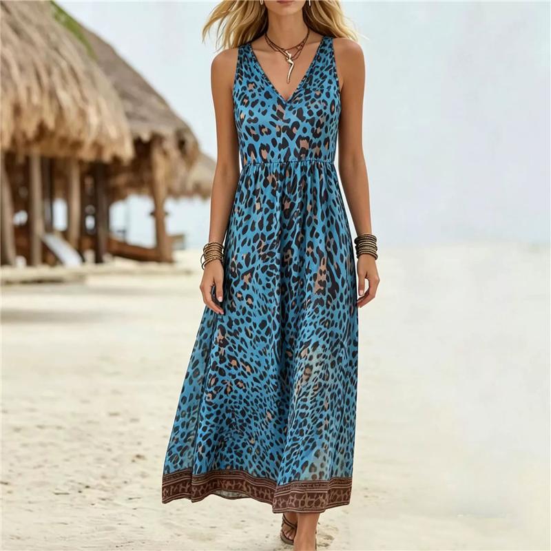 Summer Women's Bohemian Leopard Print Maxi Dress V-Neck Sleeveless Spaghetti Strap Long Dress Casual Loose Flowy Beach Dress