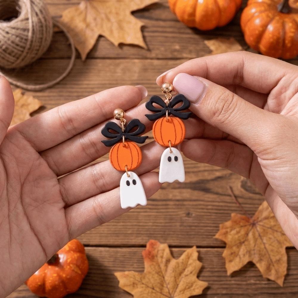 Acrylic Bow Ghost Pumpkin Earrings Spooky Charm Halloween Dangle Earrings Gothic Dress Up
