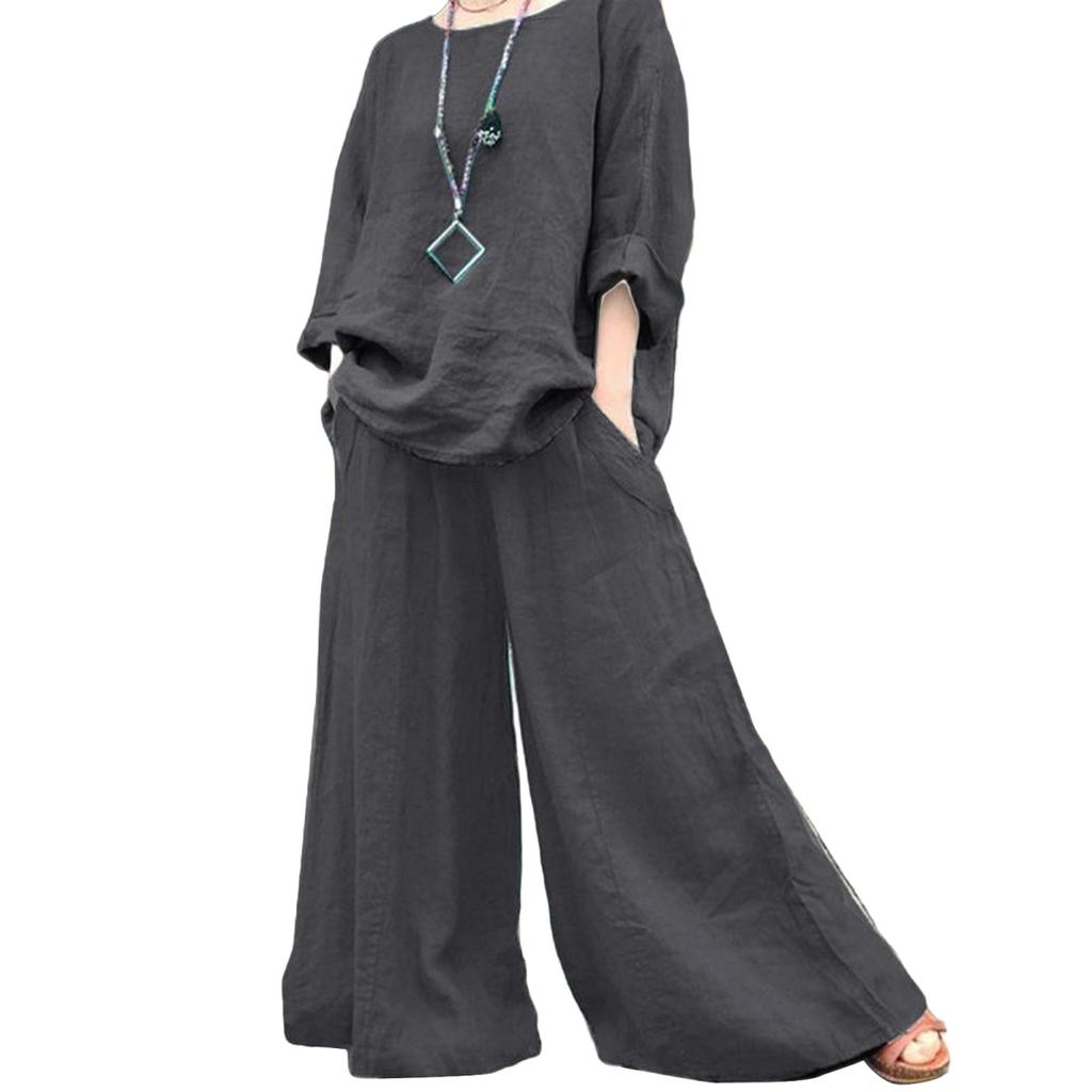 Yousheng 2 Pcs/Set Women Top Pants Set Round Neck Retro Long Sleeves Blouse Wide Leg Elastic Waist Trousers Daily Leisure Loose Outfit