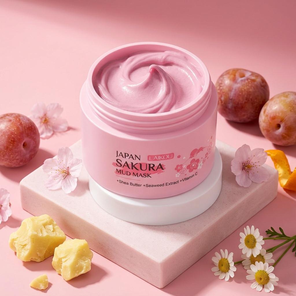 LAIKOU Sakura Mud Mask Deep Moisturizing with Vit C Shea Butter Plum Matricaria 0.88 Oz Portable Gift for Friend Valentine Mothers Day