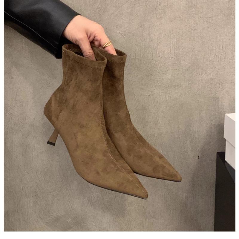 High-heeled Pointed-toe Boots, Short Boots, Women's Shoes, New Autumn and Winter Fleece Shoes